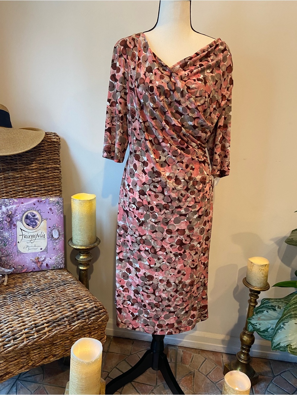 connected apparel Pink and Gray Patterned Draped Midi Dress
